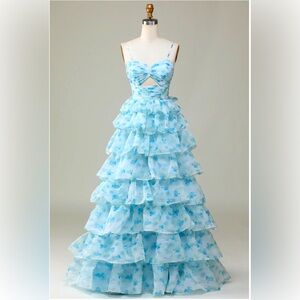 WedTrend A-Line Blue Flower Spaghetti Straps Tiered Long Prom Dress